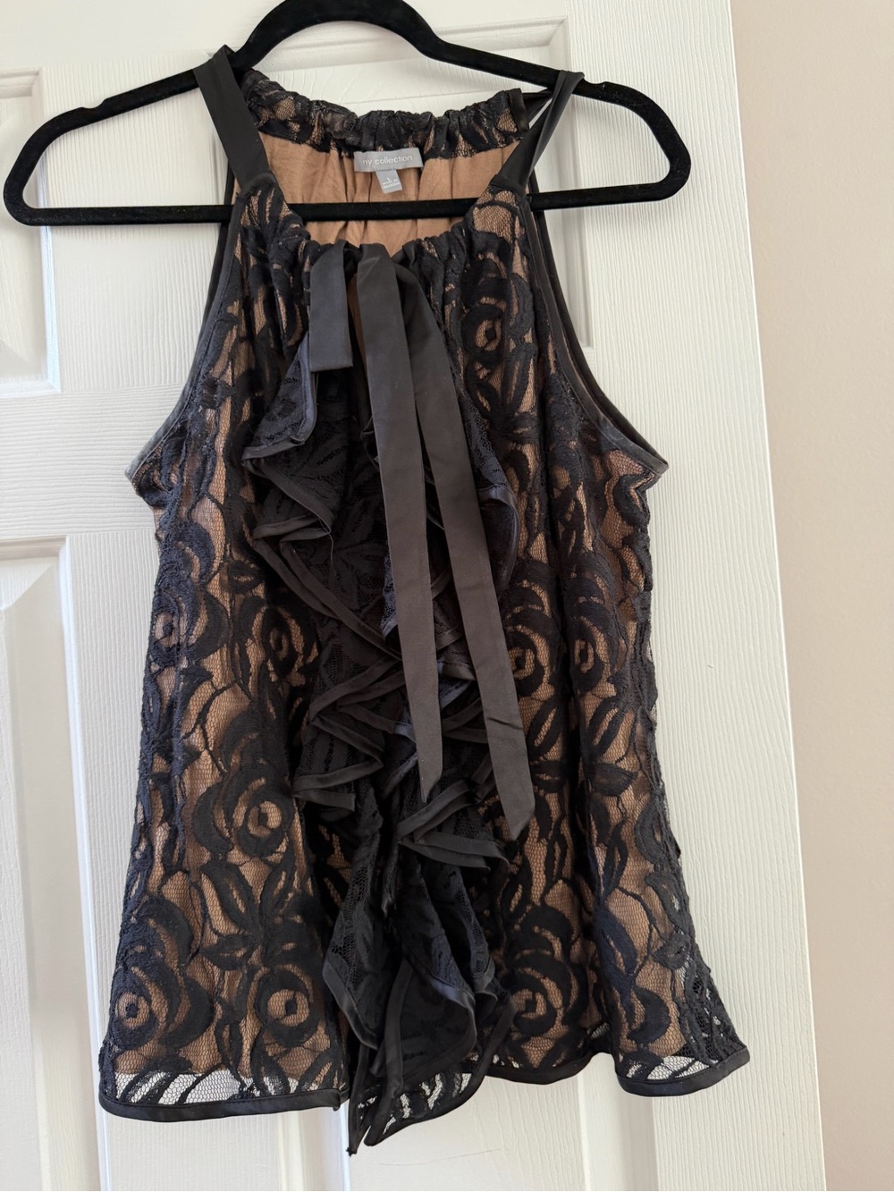 Black Lace Ruffle Halter Tank Top - Women's Elegant Evening Top